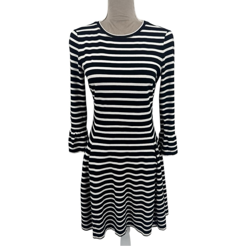 Kate Spade Broome Street Black White Stripe Dress Fit & Flare Pockets Size Small - Picture 2 of 9